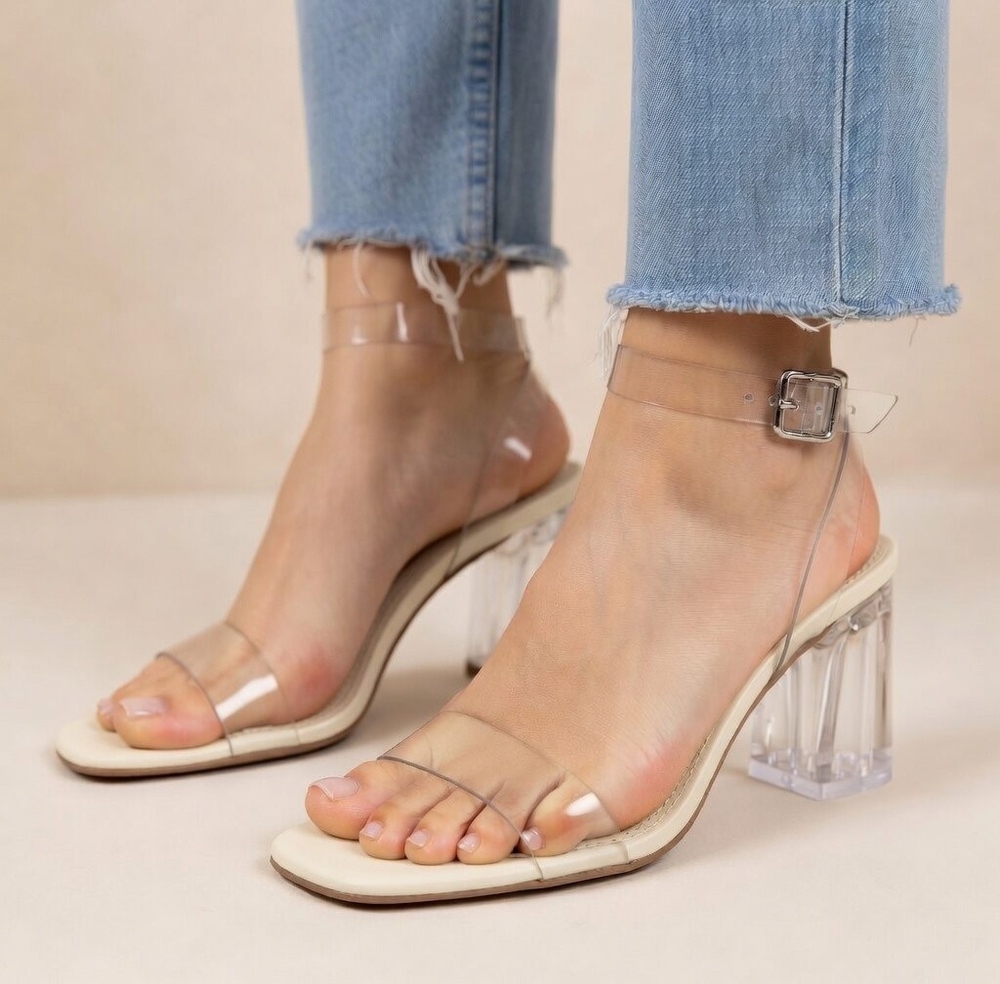 Steve Madden Camille Women's Clear Block Heel Ankle Strap Sandals Sz 8.5